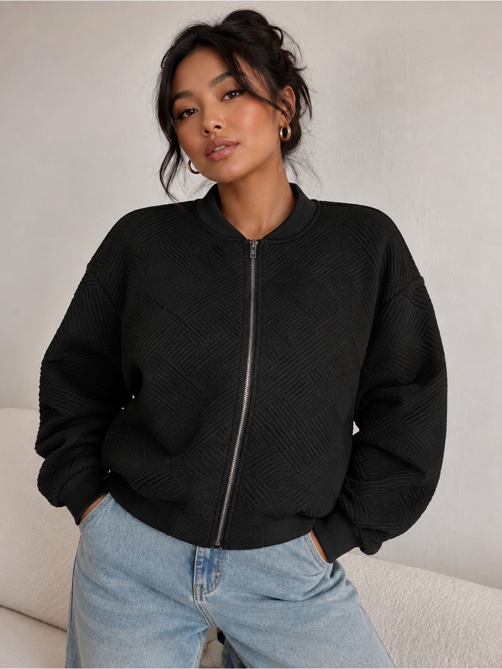 SHEIN Black Textured Geometric Bomber Jacket – XL